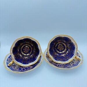 Royal Albert Mayfair Series Teacup Saucer Set Cobalt Blue Gold Floral Bone China